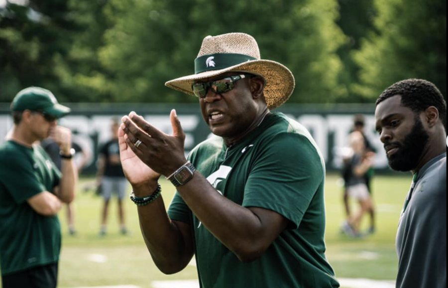 MSU+head+coach+Mel+Tucker+supervises+practice+during+the+second+week+of+2021+fall+camp%2F+Photo+Credit%3A+MSU+Athletic+Communications+