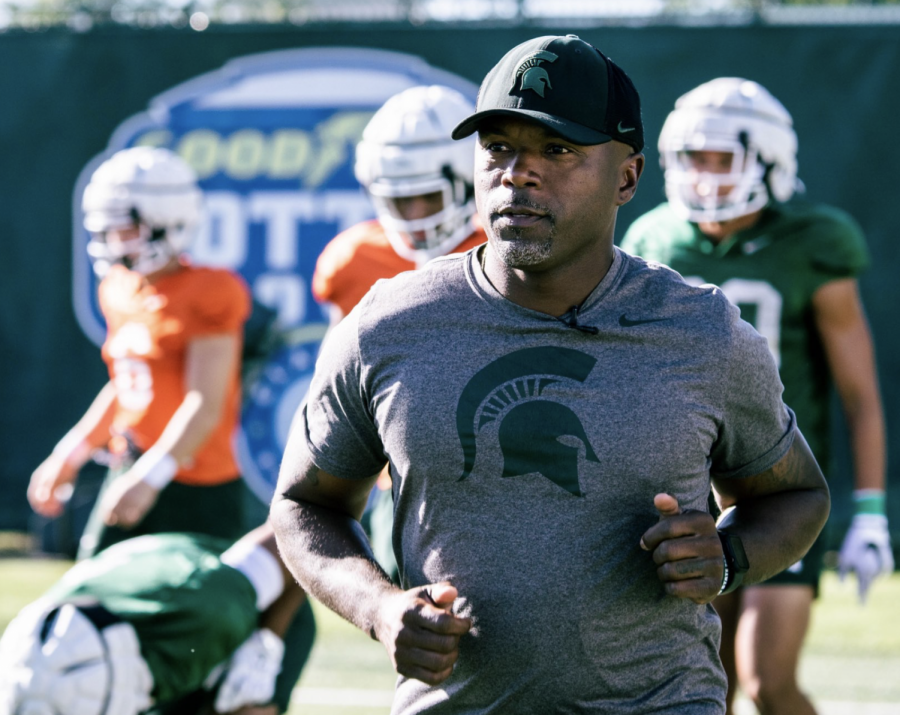 MSU+wide+receivers+coach+Courtney+Hawkins+jogs+out+to+practice%2F+Photo+Credit%3A+MSU+Athletic+Communications+