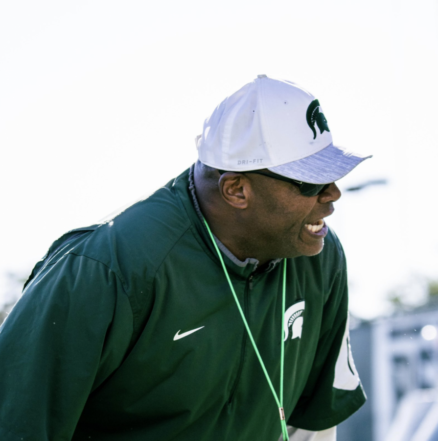 MSU defensive line coach Ron Burton shouts out coaching instructions during fall practice/ Photo Credit: MSU Athletic Communications 