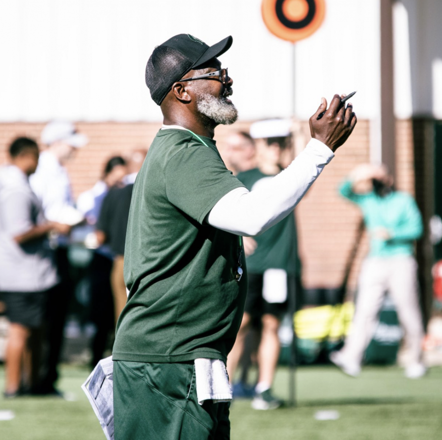 MSU tight ends coach Ted Gilmore shouts out coaching instructions during a 2021 fall practice/ Photo Credit: MSU Athletic Communications 