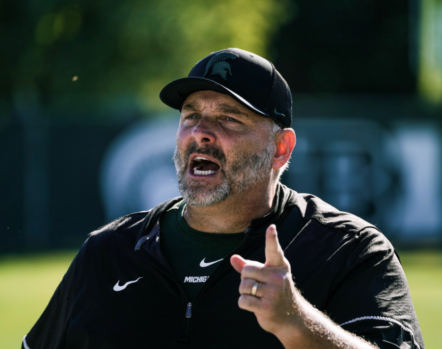 MSU offensive line coach Chris Kapilovic shouts out coaching orders during a fall practice/ Photo Credit: MSU Athletic Communications 
