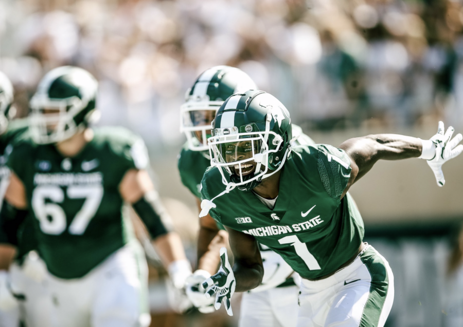 MSU wide receiver Jayden Reed smiles as the Spartans take on Youngstown State on Sept. 11/ Photo Credit: MSU Athletic Communications 