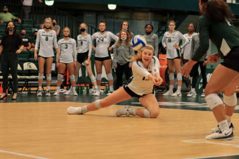 MSU outside hitter Sarah Franklin tries to keep the ball alive in the Spartans 3-0 win over Oakland on Sept. 17, 2021/ Photo Credit: Sarah Smith/ WDBM