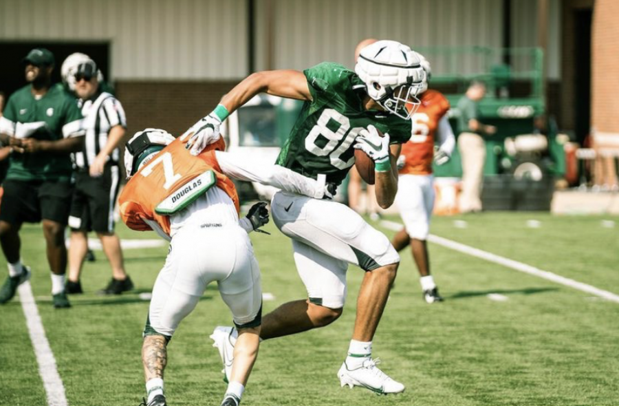 MSU wide receiver Ian Stewart (80) makes a contested catch over the middle during fall practice/ Photo Credit: MSU Athletic Communications 