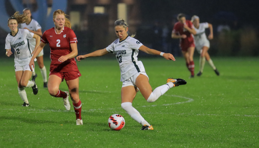 MSU defender Zivana Labovic winds up for a powerful kick in the Spartans 1-0 loss to Wisconsin on Sept. 24, 2021/ Photo Credit: Sarah Smith/WDBM