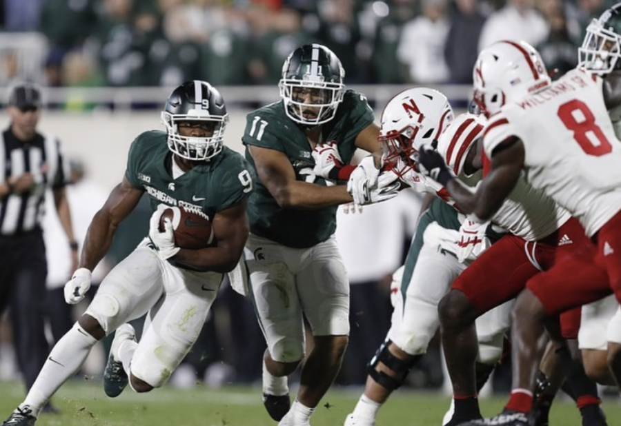 MSU running back Kenneth Walker runs the ball in the Spartans 23-20 overtime win over Nebraska on Sept. 25, 2021/ Photo Credit: MSU Athletic Communications 