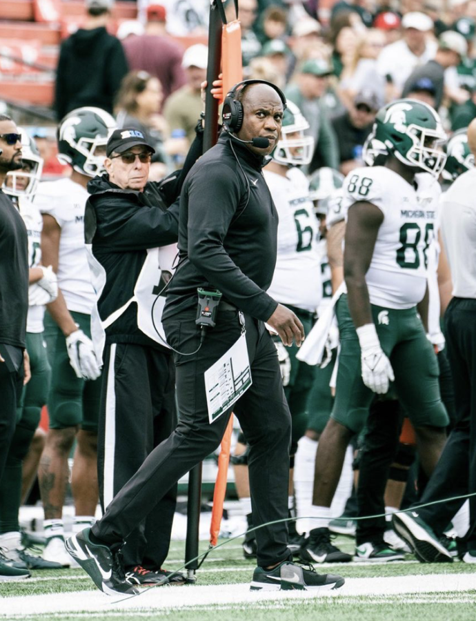 MSU head coach Mel Tucker intently watches the clock in the Spartans 31-13 win over Rutgers on Oct. 9, 2021/ Photo Credit: MSU Athletic Communications 