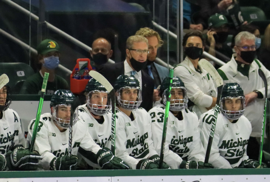 MSU head coach Danton Cole watches his team from the bench in the Spartans' 5-1 win over Air Force on Oct. 9, 2021/ Photo Credit: MSU Athletic Communications 