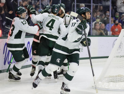 MSU forward Jeremy Davidson (11) and teammates celebrate after scoring a goal in the Spartans 3-1 win over Miami (OH) on Oct. 16, 2021/ Photo Credit: Sarah Smith/WDBM