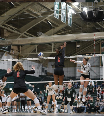MSU outside hitter Sarah Franklin (13) lays down a. spike in the Spartans 3-1 loss to Maryland on Oct. 16, 2021/ Photo Credit: MSU Athletic Communications 