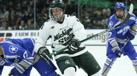 MSU forward Kristoff Papp chases after a puck in the Spartans 5-1 win over Air Force on Oct. 9, 2021/Photo Credit: MSU Athletic Communications 