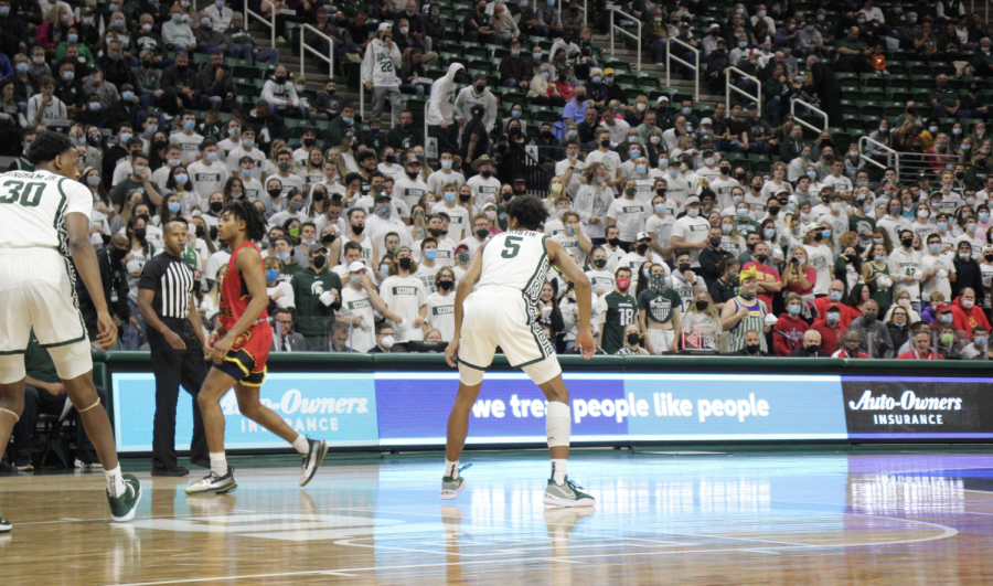 MSU forward Max Christie (5) and Marcus Bingham (30) in the Spartans' 92-58 exhibition victory over Ferris State on Oct. 27, 2021/ Photo Credit: Luca Melloni/WDBM