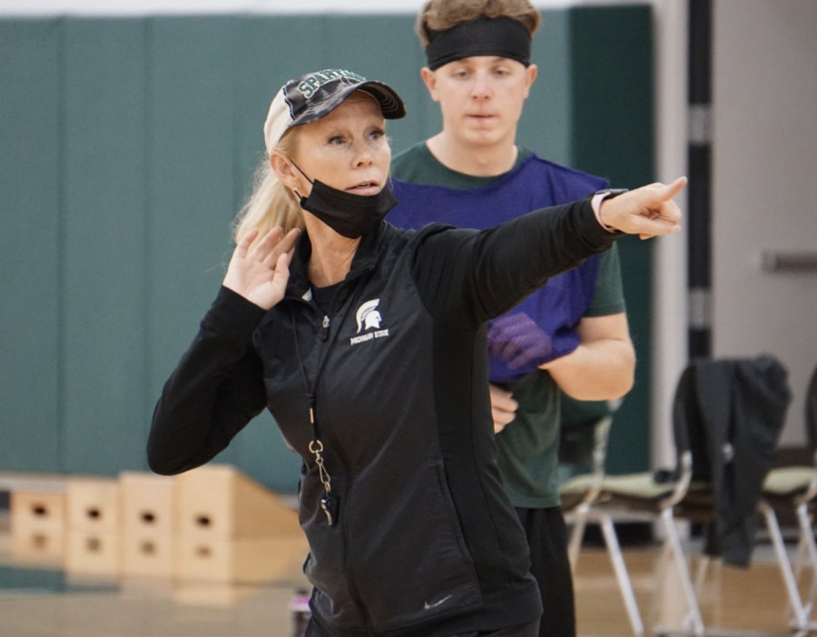 MSU head coach Suzy Merchant gives directions during a fall 2021 practice/ Photo Credit: MSU Athletic Communications 