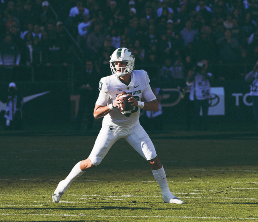 MSU quarterback Payton Thorne looks for an open receiver in the Spartans 40-29 loss to Purdue on Nov. 6, 2021/ Photo Credit: MSU Athletic Communications 