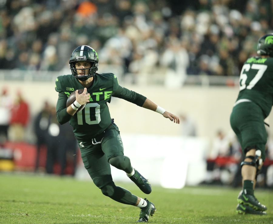 MSU quarterback Payton Thorne scrambles for a first down during the Spartans 40-21 win over Maryland on Nov. 13, 2021/ Photo Credit: MSU Athletic Communications 