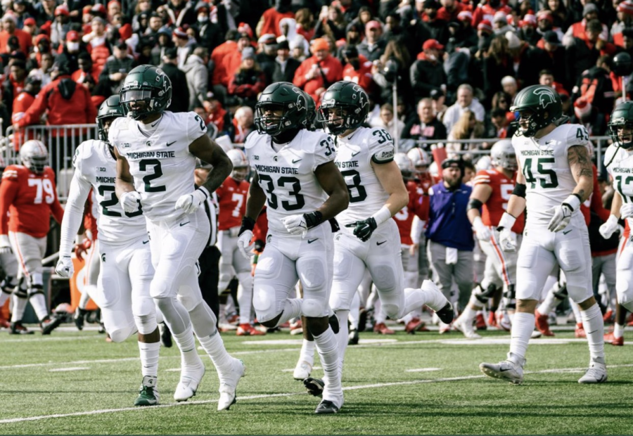 MSU running back Harold Joiner (2) jogs out onto the field during the Spartans 59-7 loss to No. 5 Ohio State on Nov. 20, 2021/ Photo Credit: MSU Athletic Communications 