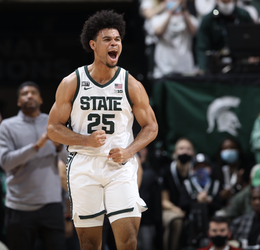 MSU forward Malik Hal celebrates after the Spartans knock off Louisville 73-64 on Dec. 1, 2021/ Photo Credit: MSU Athletic Communications. 