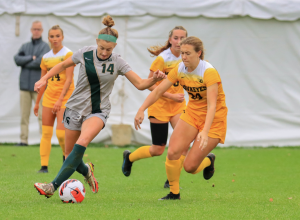 MSU forward Ava Cook dribbles the ball during the Spartans 1-0 Big Ten tournament loss on Oct. 31, 2021/ Photo Credit: Sarah Smith/WDBM