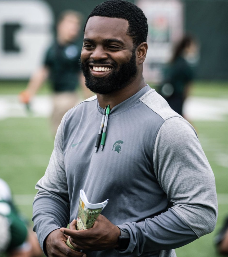 MSU+running+backs+coach+Effrem+Reed+smiles+during+practice+on+Aug.+21%2C+2021%2F+Photo+Credit%3A+MSU+Athletic+Communications+