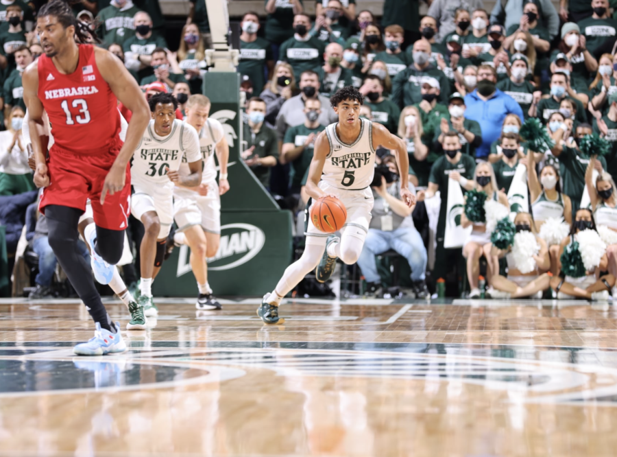 MSU+forward+Max+Christie+runs+the+break+in+transition+during+the+Spartans+79-67+home+win+over+Nebraska+on+Jan.+5%2C+2021%2F+Photo+Credit%3A+MSU+Athletic+Communications+