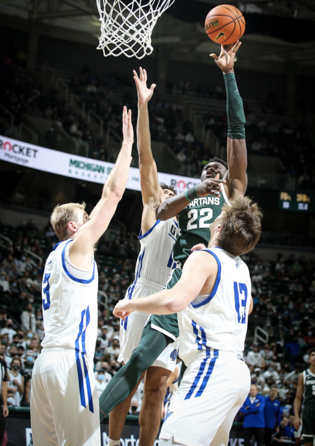MSU forward Mady Sissoko attempts a hookshot in the Spartans 83-60 exhibition win over Grand Valley State on Nov. 4, 2021/ Photo Credit: MSU Athletic Communications
