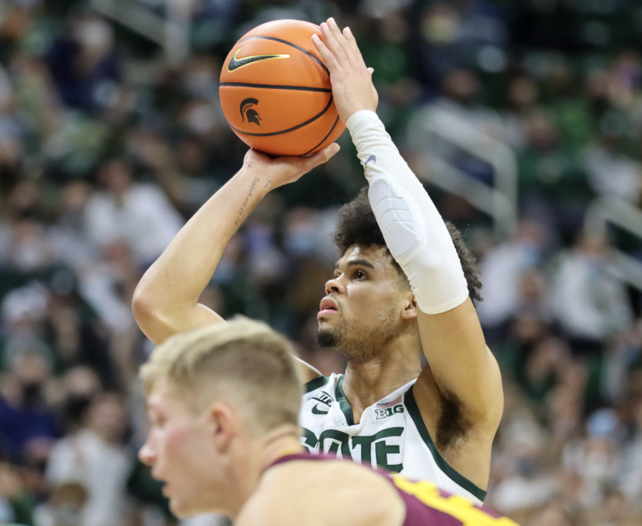 MSU forward Malik Hall attempts a free throw during the Spartans 71-69 win over Minnesota on Jan. 12, 2021/ Photo Credit: Sarah Smith/WDBM