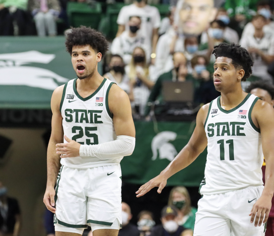 MSU forward Malik Hall (25) stands next to point guard A.J. Hoggard  during the Spartans 71-69 win over Minnesota on Jan. 12, 2021/ Photo Credit: Sarah Smith/WDBM