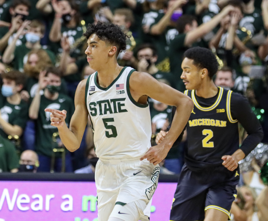 MSU forward Max Christie runs back on defense during the Spartans 83-67 win over Michigan on Jan. 29, 2022/ Photo Credit: Sarah Smith/WDBM