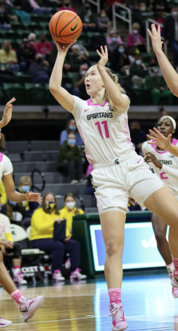 MSU forward Matilda Ekh  attempts a runner in the lane during the Spartans 63-57 win over No. 4 Michigan on Feb. 10, 2022/ Photo Credit: Sarah Smith/WDBM