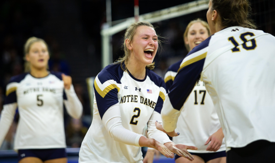 MSU+transfer+setter+Zoe+Nunez+%282%29+celebrates+after+scoring+a+point+during+her+time+at+Notre+Dame%2F+Photo+Credit%3A+Notre+Dame+Athletics