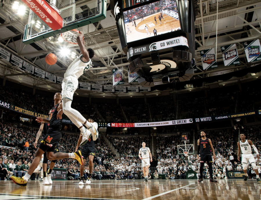 MSU forward Mady Sissoko throws down a dunk during the Spartans over Maryland on March 6, 2022/ Photo Credit: MSU Athletic Communications