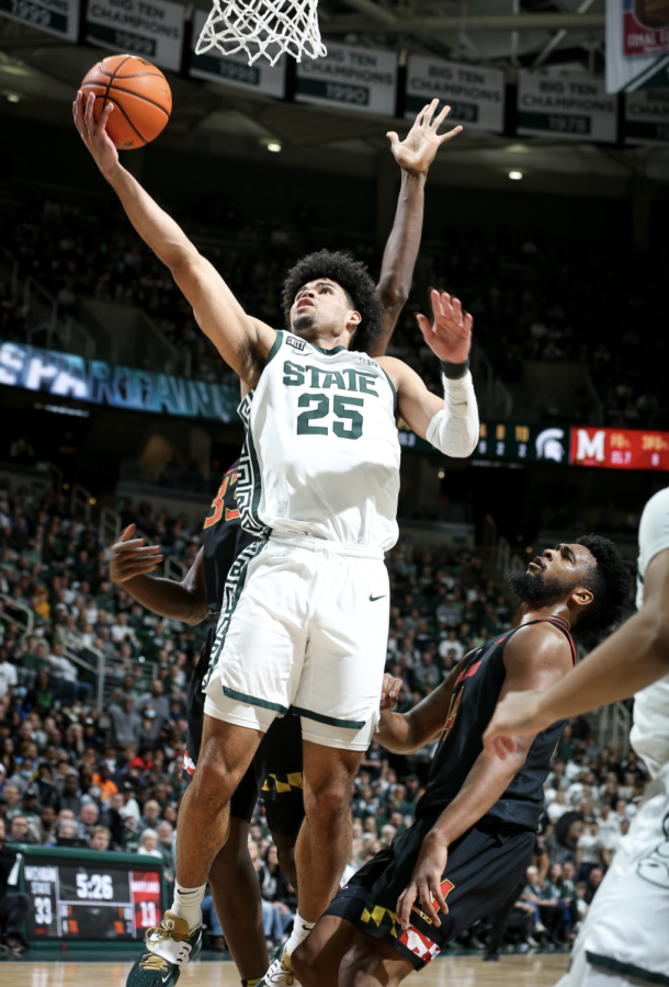 MSU forward Malik Hall drives to the cup for a bucket during the Spartans 77-67 win over Maryland on March 6, 2022/ Photo Credit: MSU Athletic Communications 