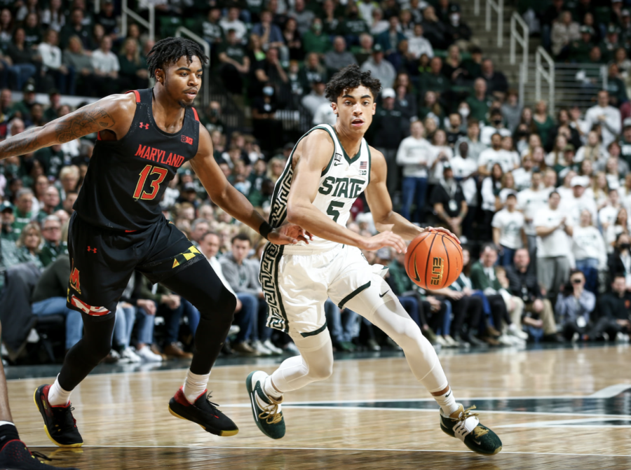 MSU+forward+Max+Christie+drives+in+the+lane+during+the+Spartans+77-67+win+over+Maryland+on+March+6%2C+2022%2F+Photo+Credit%3A+MSU+Athletic+Communications