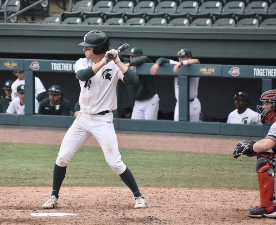 MSU+infielder+Mitch+Jebb++stands+in+the+batters+box+during+the+Spartans+10-8+win+over+Cincinnati+on+March+11%2C+2022%2F+Photo+Credit%3A+MSU+Athletic+Communications+