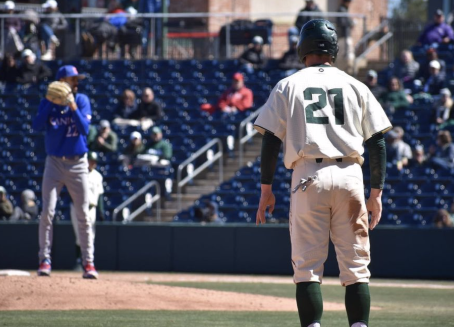 MSU outfielder Jack Frank gets a lead off of third base during the Spartans 13-7 loss to Kansas on March 13, 2022/ Photo Credit: MSU Athletic Communications
