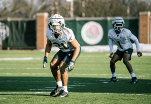 MSU nickelback Dillon Tatum (21) and cornerback Jaden Mangham (1) practice together during a 2022 spring practice session/ Photo Credit: MSU Athletic Communications
