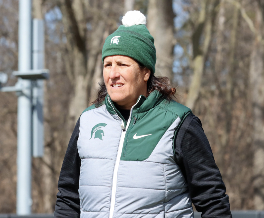 MSU+softball+head+coach+Jacquie+Joseph+during+the+Spartans+doubleheader+sweep+over+Detroit+Mercy+on+March+29%2C+2022%2F+Photo+Credit%3A+Sarah+Smith%2FWDBM