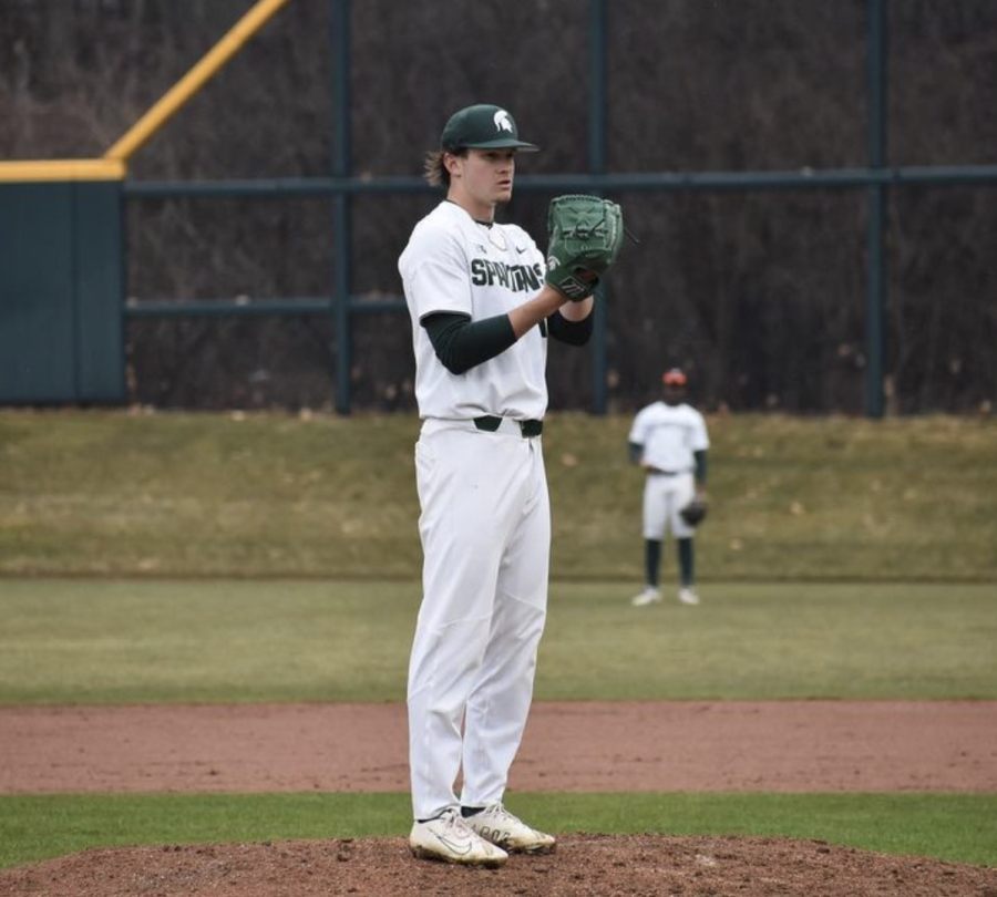 MSU pitcher Aidan Arbaugh goes into his windup during the Spartans 12-5 win over Youngstown State on March 30, 2022/ Photo Credit: MSU Athletic Communications
