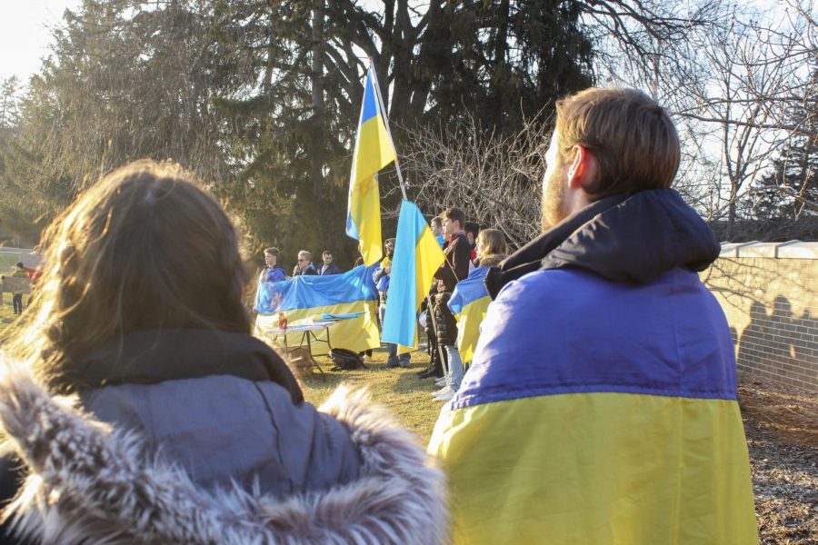 Ukraine flags fly at Spartans Stand with Ukraine event outside of Demonstration Hall. / Photo credit: Liam Jackson
