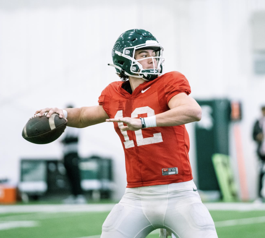 MSU+quarterback+Katin+Houser+throws+the+ball+during+spring+practice+on+April+12%2C+2022%2F+Photo+Credit%3A+MSU+Athletic+Communications