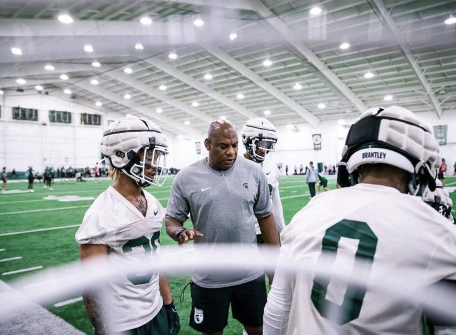 MSU head coach Mel Tucker supervises a 2022 spring practice session in April of 2022/ Photo Credit: MSU Athletic Communications