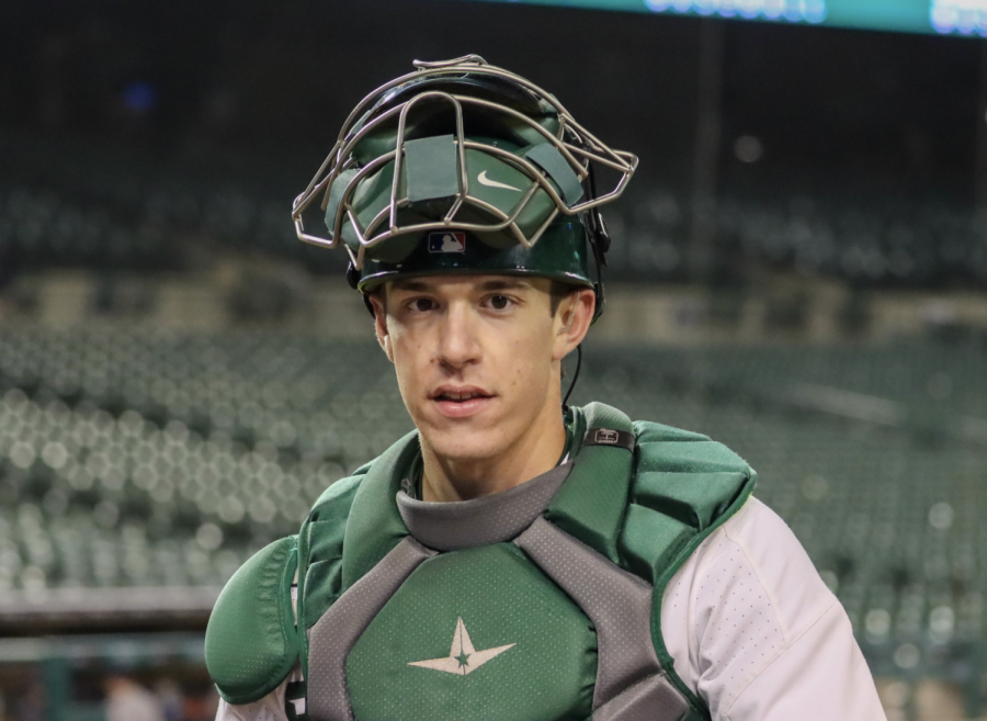 MSU+catcher+Bryan+Broecker+stands+behind+the+plate+before+the+Spartans+take+on+Notre+Dame+on+April+26%2C+2022%2F+Photo+Credit%3A+Sarah+Smith%2FWDBM