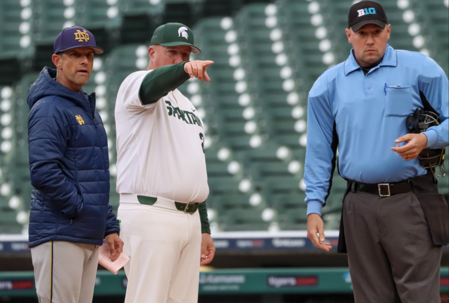 MSU manager Jake Boss talks with a home plate umpire. Photo Credit: Sarah Smith/WDBM