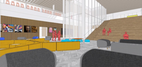 Digitally-rendered image of the first floor of the proposed MMC, with a theater, couches, and a staircase to the second floor.