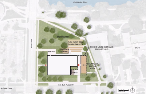 A computer-generated aerial photo of the proposed MMC site, to be built at the corner of N. Shaw Ln and Farm Ln. North of the MMC is a storm water area. There is a space for informal seating, an amphitheater, courtyard seating and a bike rack.