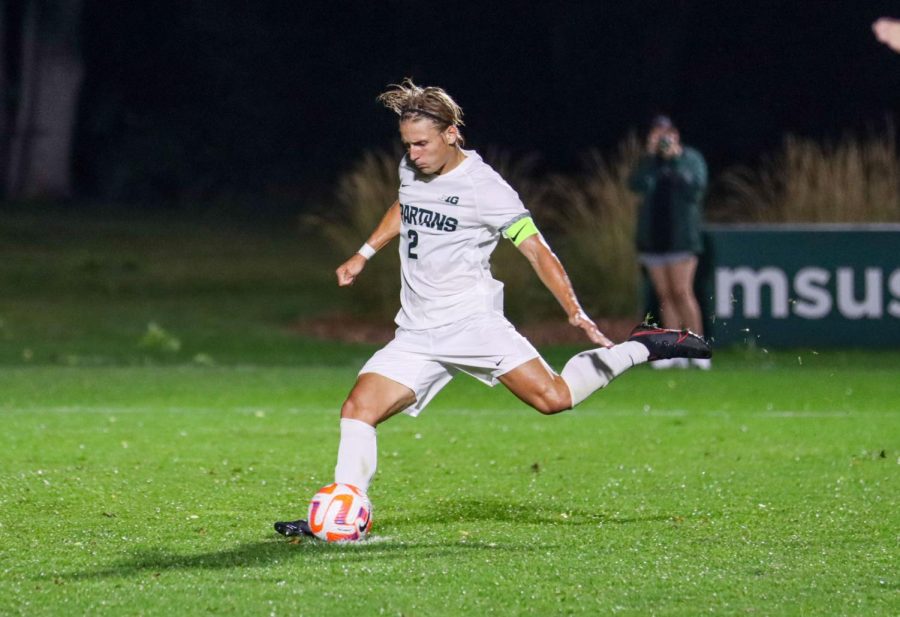 Graduate midfielder Jack Beck shoots and scores against No. 4 Notre Dame on Aug. 29, 2022/ Photo Credit: Sarah Smith 