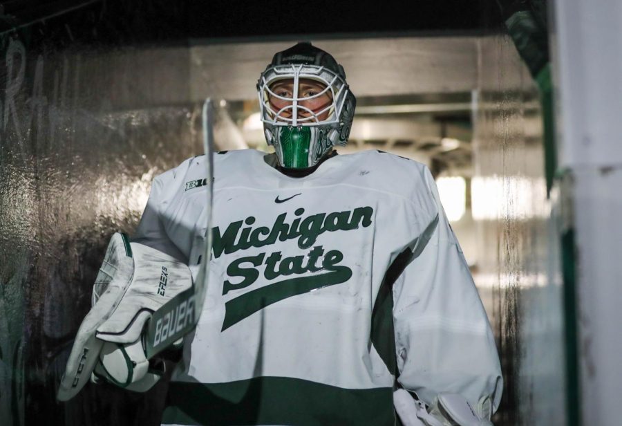 MSU+goalie+Dylan+St.+Cyr+gets+ready+to+head+onto+the+ice+against+Wisconsin.+%2F+Photo+Credit%3A+Sarah+Smith