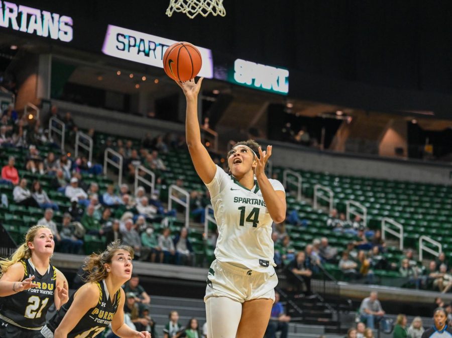 Taiyier Parks shoots the ball during Michigan States victory over Purdue Fort Wayne on November 10, 2022. Photo Credit: Jack Moreland/WDBM