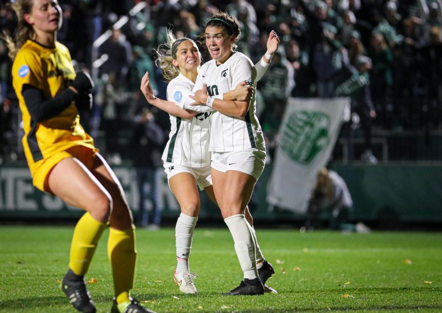 Camryn Evans and Zivana Labovic celebrate after Evans game winning goal during Michigan States victory over Milwaukee on November 11, 2022. Photo Credit: Sarah Smith/WDBM