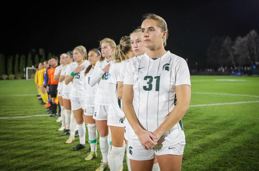 The Michigan State Spartans line up for the national anthem ahead of their contest against Milwaukee in the first round of the NCAA tournament on November 11, 2022. Photo Credit: Sarah Smith/WDBM